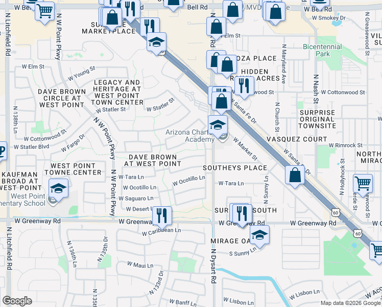 map of restaurants, bars, coffee shops, grocery stores, and more near 13184 West Ironwood Street in Surprise