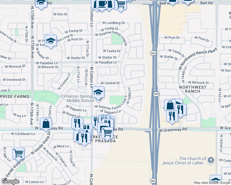 map of restaurants, bars, coffee shops, grocery stores, and more near 16909 West Marconi Avenue in Surprise