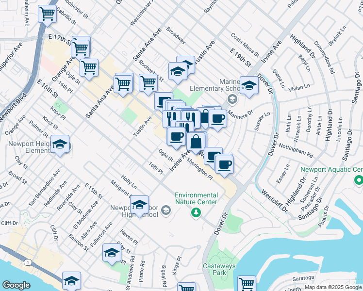 map of restaurants, bars, coffee shops, grocery stores, and more near 495 East 17th Street in Costa Mesa