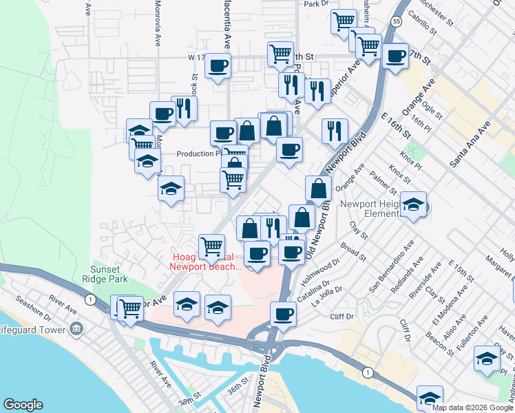 map of restaurants, bars, coffee shops, grocery stores, and more near 4301 Hilaria Way in Newport Beach