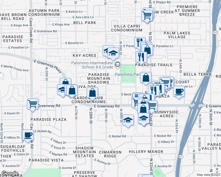 map of restaurants, bars, coffee shops, grocery stores, and more near 15610 North 29th Street in Phoenix