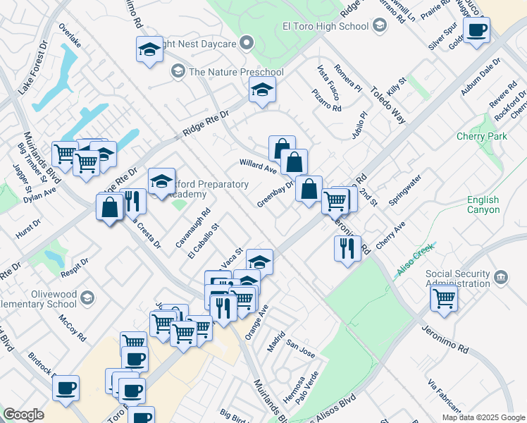 map of restaurants, bars, coffee shops, grocery stores, and more near 23031 Stearns Circle in Lake Forest