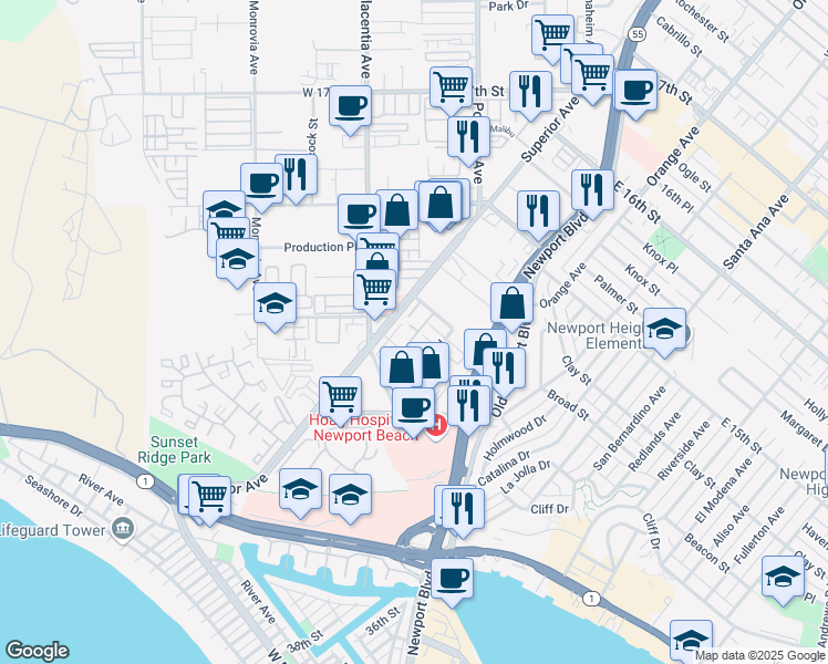 map of restaurants, bars, coffee shops, grocery stores, and more near 4301 Hilaria Way in Newport Beach
