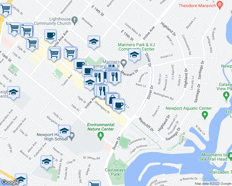 map of restaurants, bars, coffee shops, grocery stores, and more near 1048 Irvine Avenue in Newport Beach