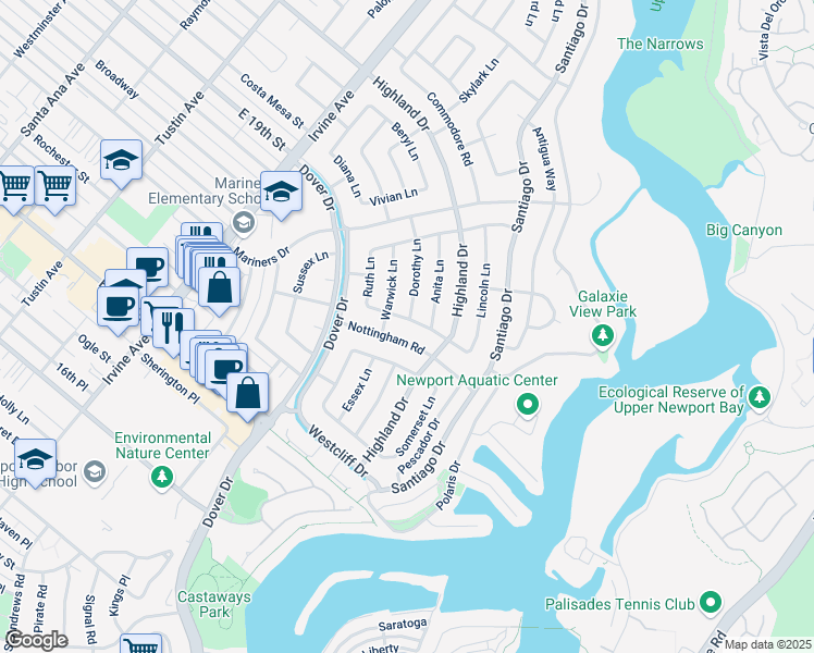 map of restaurants, bars, coffee shops, grocery stores, and more near 1221 Marian Lane in Newport Beach