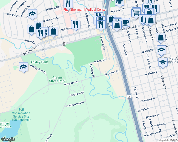 map of restaurants, bars, coffee shops, grocery stores, and more near 626 South Binkley Street in Sherman