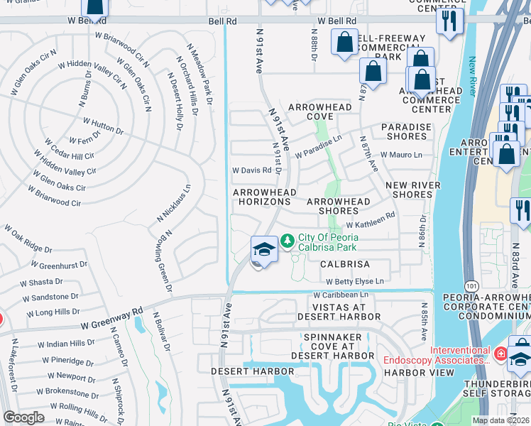 map of restaurants, bars, coffee shops, grocery stores, and more near 9141 West Marconi Avenue in Peoria