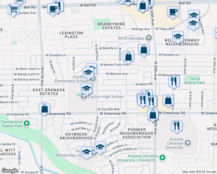 map of restaurants, bars, coffee shops, grocery stores, and more near 6205 West Nancy Road in Glendale
