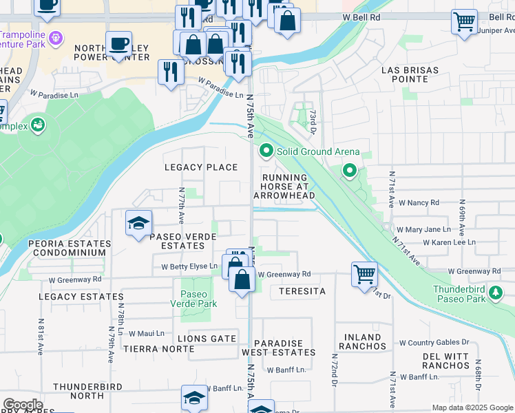 map of restaurants, bars, coffee shops, grocery stores, and more near in Peoria