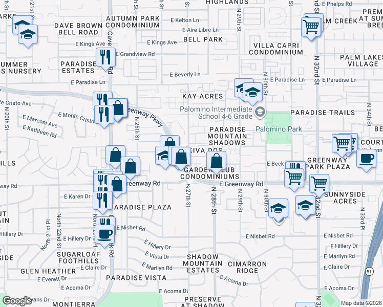 map of restaurants, bars, coffee shops, grocery stores, and more near 2649 East Waltann Lane in Phoenix