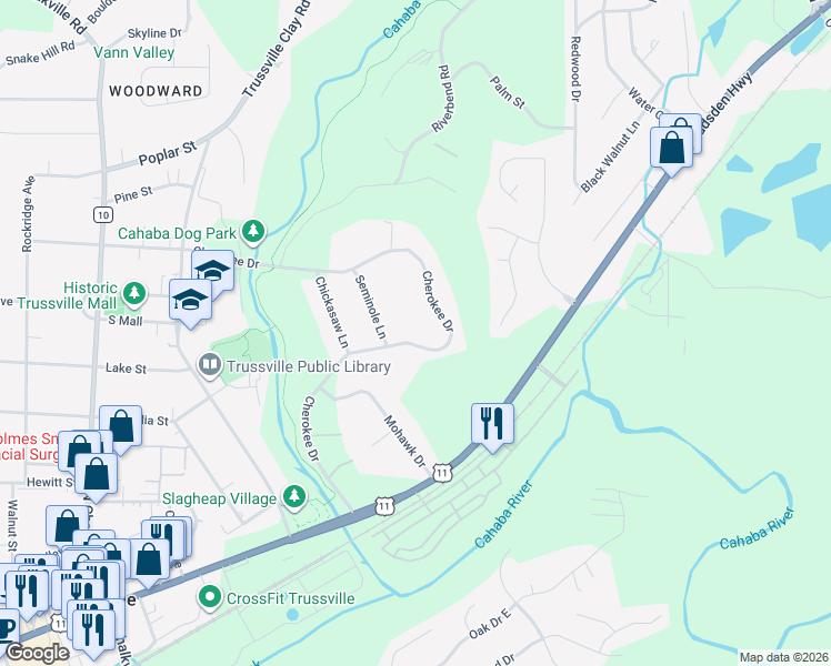 map of restaurants, bars, coffee shops, grocery stores, and more near 316 Cherokee Dr in Trussville