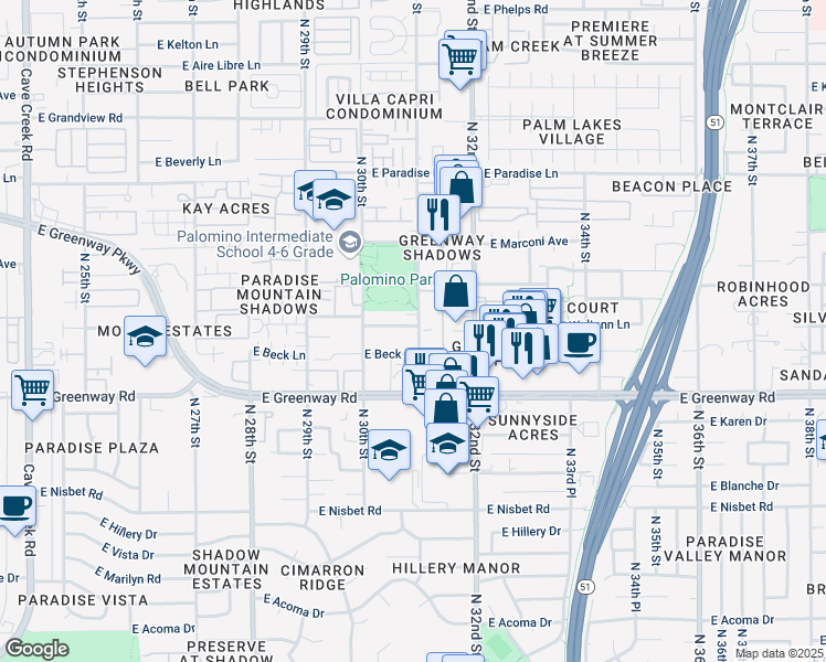 map of restaurants, bars, coffee shops, grocery stores, and more near 15622 North 31st Street in Phoenix