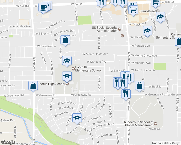 map of restaurants, bars, coffee shops, grocery stores, and more near 6205 West Nancy Road in Glendale