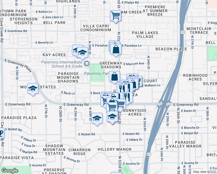 map of restaurants, bars, coffee shops, grocery stores, and more near 15622 North 31st Street in Phoenix