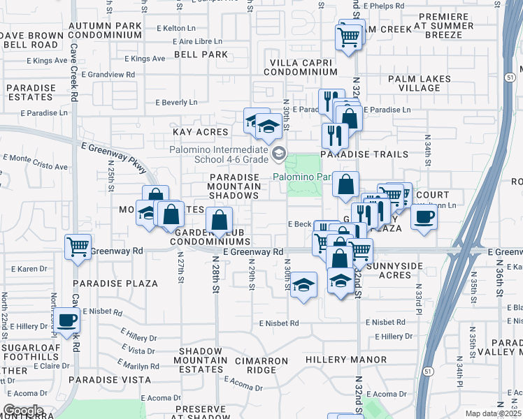map of restaurants, bars, coffee shops, grocery stores, and more near 15610 North 29th Street in Phoenix