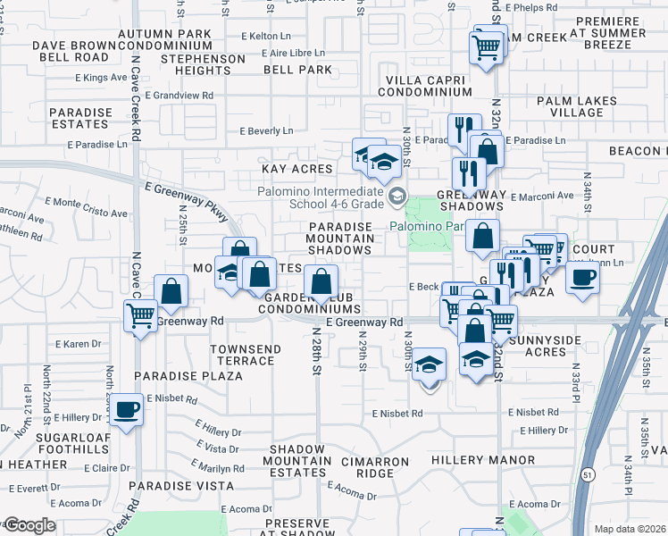 map of restaurants, bars, coffee shops, grocery stores, and more near 2827 East Waltann Lane in Phoenix