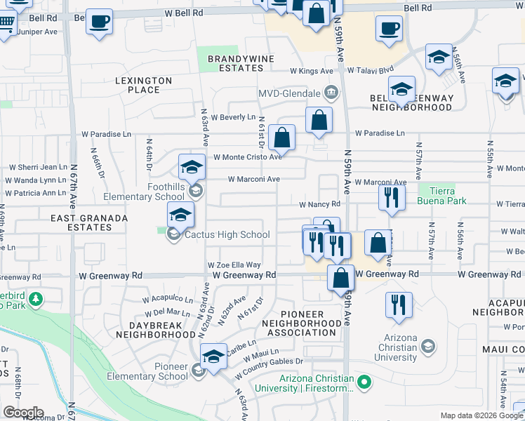 map of restaurants, bars, coffee shops, grocery stores, and more near 6119 West Nancy Road in Glendale