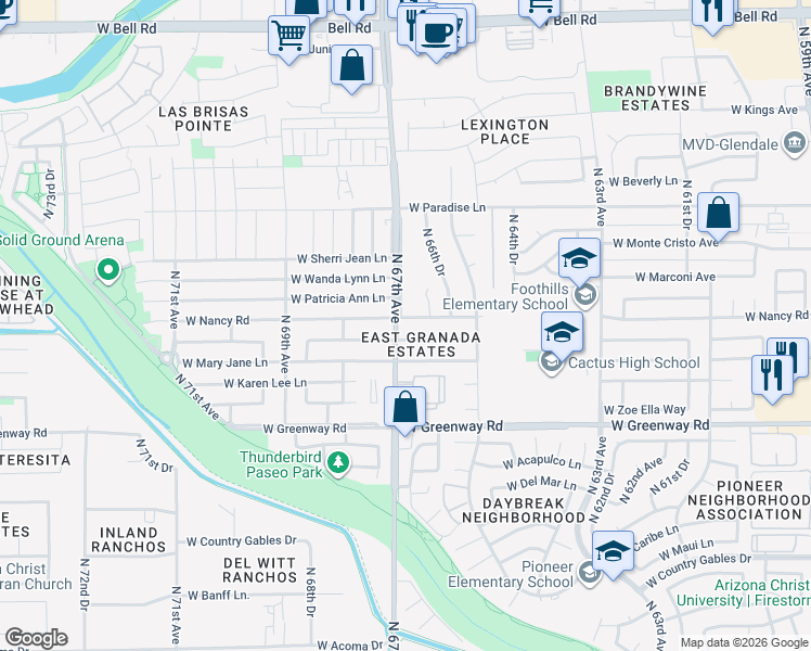 map of restaurants, bars, coffee shops, grocery stores, and more near 6649 West Nancy Road in Glendale