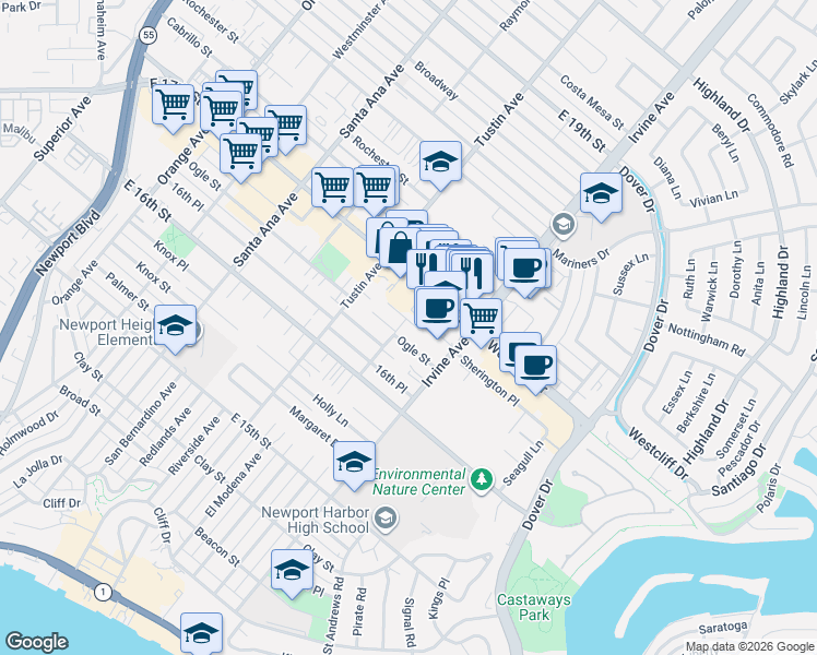 map of restaurants, bars, coffee shops, grocery stores, and more near 462 Cambridge Circle in Costa Mesa