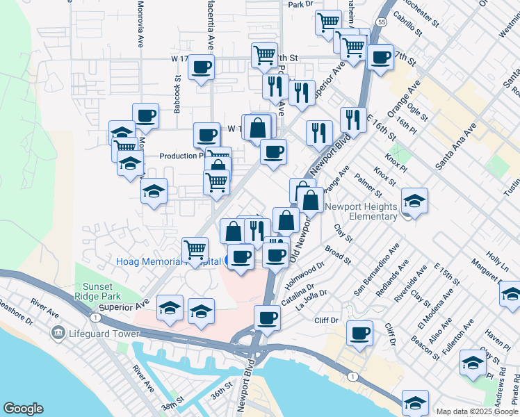 map of restaurants, bars, coffee shops, grocery stores, and more near 4201 Dana Road in Newport Beach