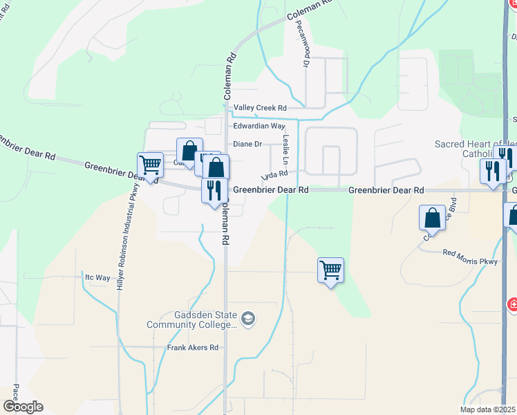 map of restaurants, bars, coffee shops, grocery stores, and more near 1700 Greenbrier Dear Road in Anniston
