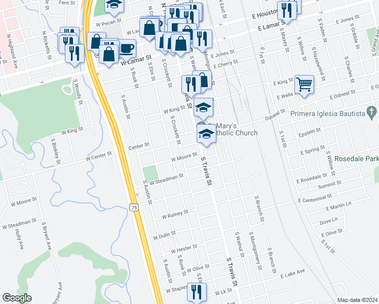 map of restaurants, bars, coffee shops, grocery stores, and more near 113 West Moore Street in Sherman