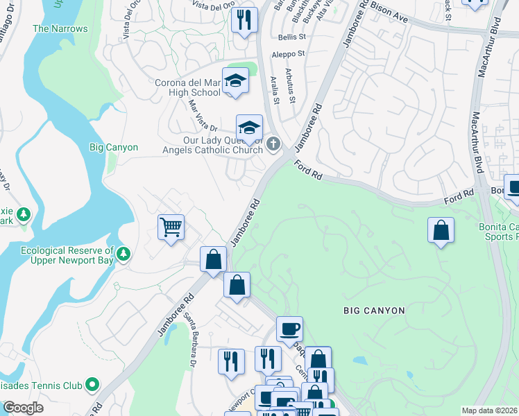 map of restaurants, bars, coffee shops, grocery stores, and more near 1850 Jamboree Road in Newport Beach