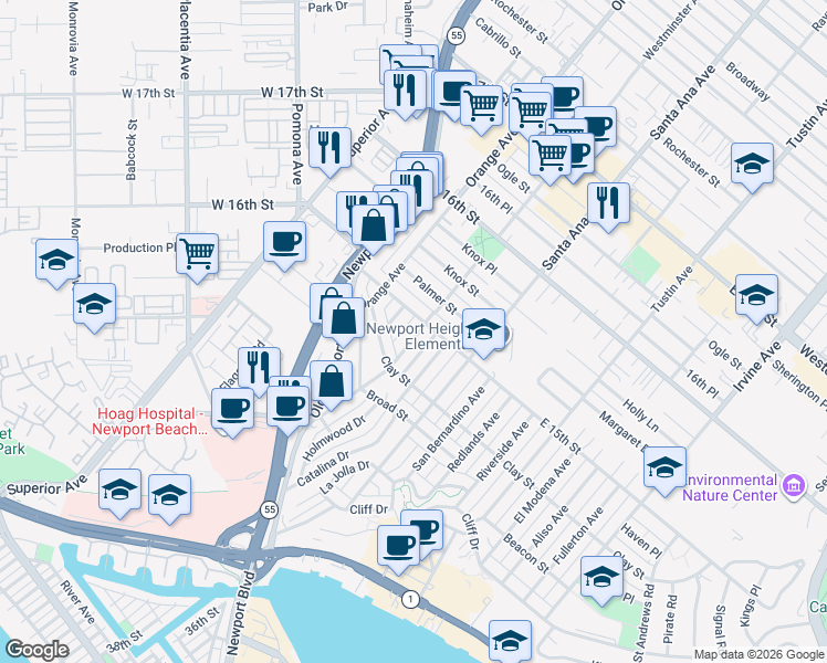 map of restaurants, bars, coffee shops, grocery stores, and more near 2 Westminster Avenue in Costa Mesa