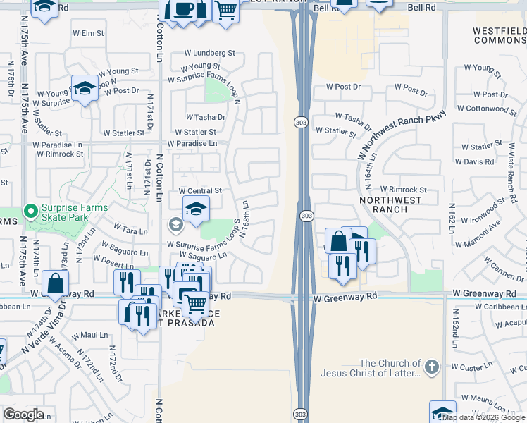 map of restaurants, bars, coffee shops, grocery stores, and more near 16829 W Marconi Ave in Surprise