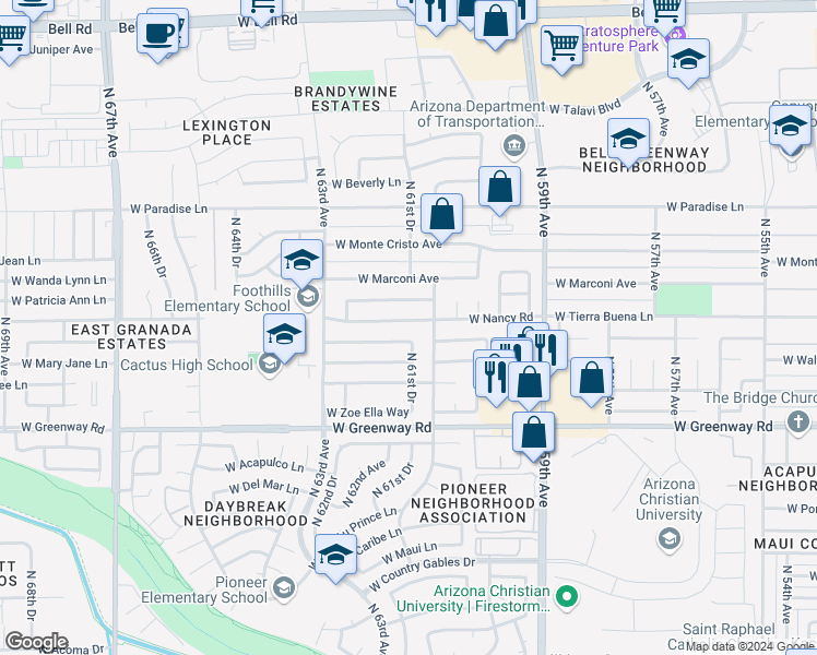 map of restaurants, bars, coffee shops, grocery stores, and more near 6119 West Nancy Road in Glendale