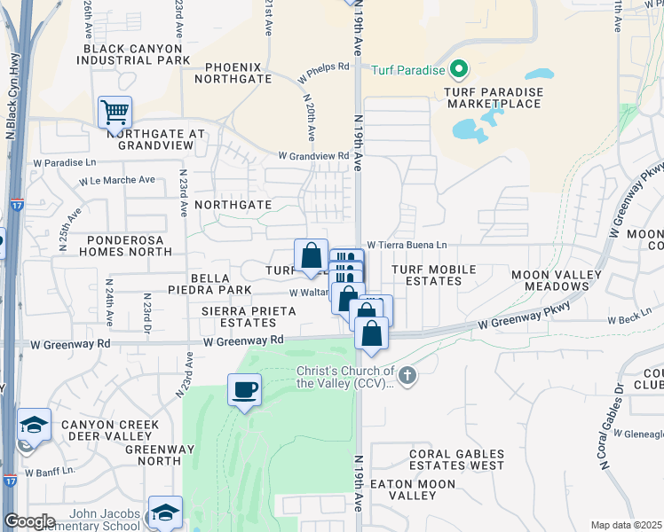 map of restaurants, bars, coffee shops, grocery stores, and more near 15650 North 19th Avenue in Phoenix