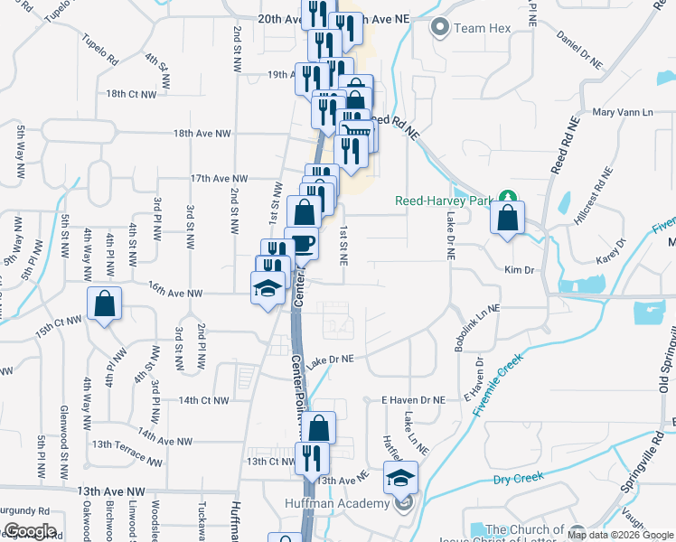 map of restaurants, bars, coffee shops, grocery stores, and more near 1604 1st Street Northeast in Center Point
