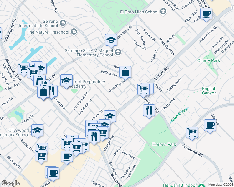 map of restaurants, bars, coffee shops, grocery stores, and more near 23052 Stearn Circle in Lake Forest