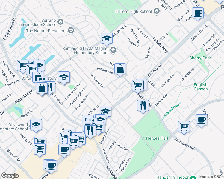 map of restaurants, bars, coffee shops, grocery stores, and more near 23052 Stearn Circle in Lake Forest