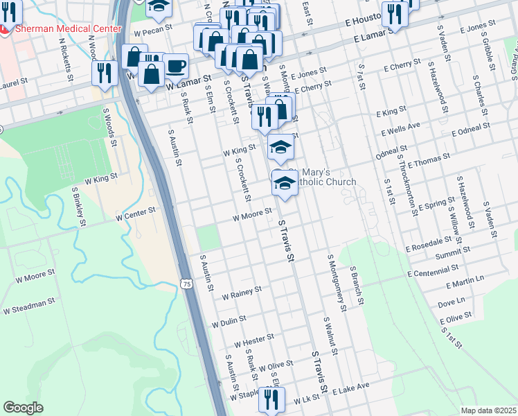 map of restaurants, bars, coffee shops, grocery stores, and more near 113 West Moore Street in Sherman