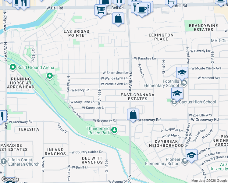map of restaurants, bars, coffee shops, grocery stores, and more near 6739 West Nancy Road in Peoria