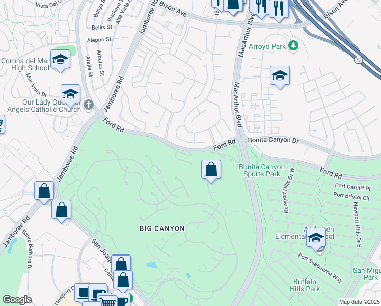 map of restaurants, bars, coffee shops, grocery stores, and more near 47 Canyon Island Drive in Newport Beach