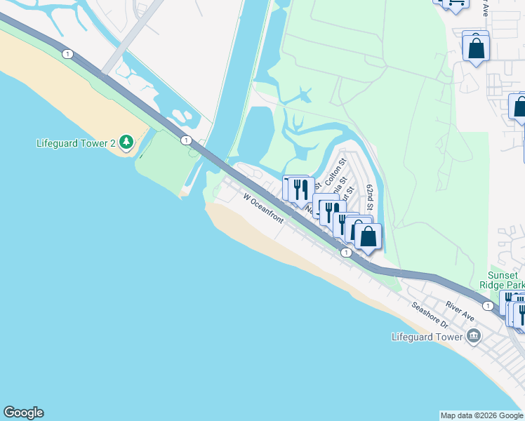 map of restaurants, bars, coffee shops, grocery stores, and more near 107 Grant Street in Newport Beach