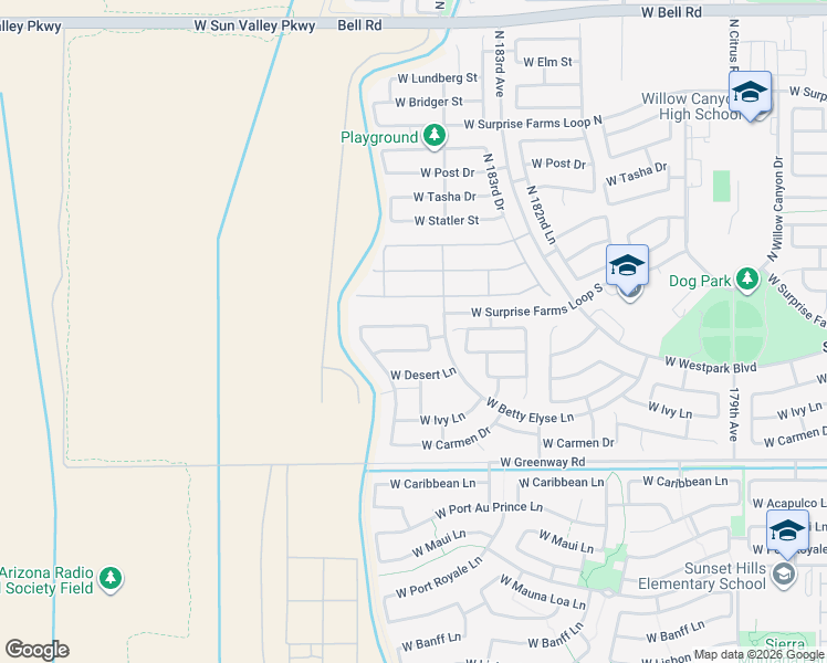 map of restaurants, bars, coffee shops, grocery stores, and more near 18433 West Marconi Avenue in Surprise
