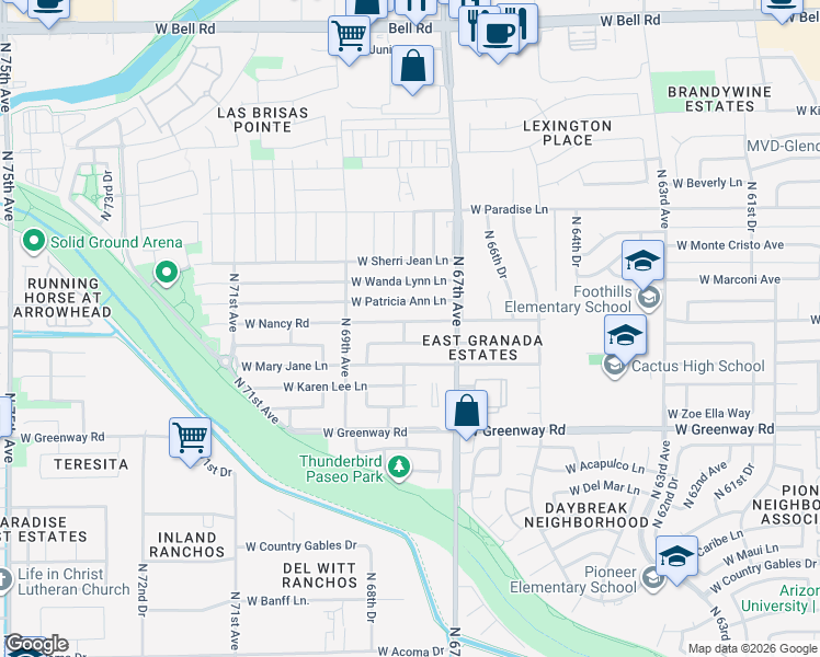 map of restaurants, bars, coffee shops, grocery stores, and more near 6739 West Nancy Road in Peoria