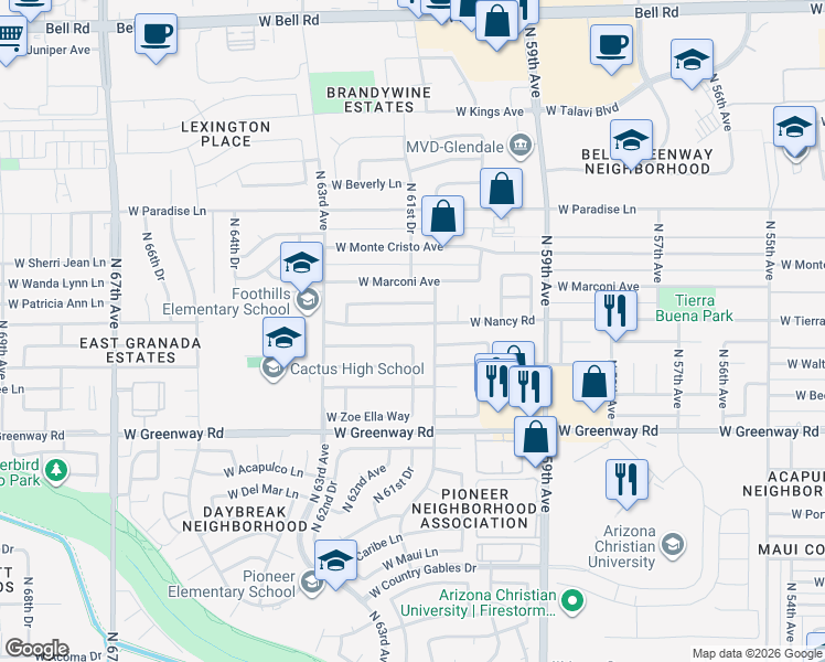 map of restaurants, bars, coffee shops, grocery stores, and more near 6119 West Nancy Road in Glendale