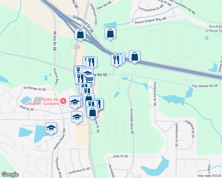 map of restaurants, bars, coffee shops, grocery stores, and more near 2101 Highland Club Drive Southeast in Conyers