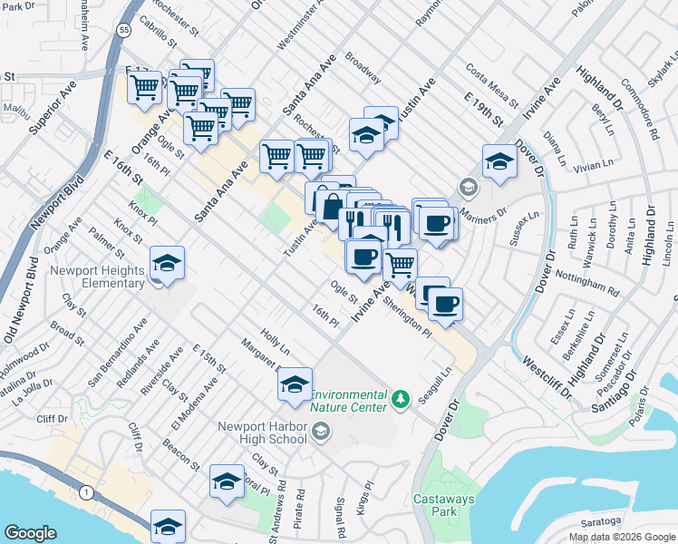 map of restaurants, bars, coffee shops, grocery stores, and more near 462 Cambridge Circle in Costa Mesa