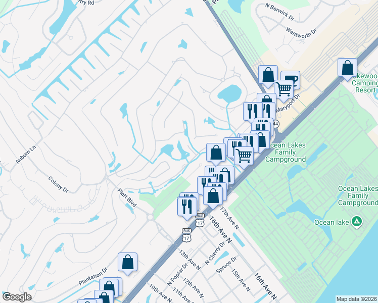map of restaurants, bars, coffee shops, grocery stores, and more near 215 Pacific Commons Drive in Surfside Beach