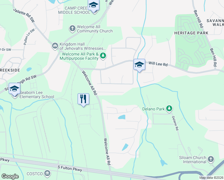 map of restaurants, bars, coffee shops, grocery stores, and more near 4193 Kenwood Trail in Atlanta