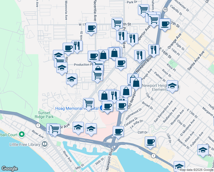 map of restaurants, bars, coffee shops, grocery stores, and more near 4305 Hilaria Way in Newport Beach