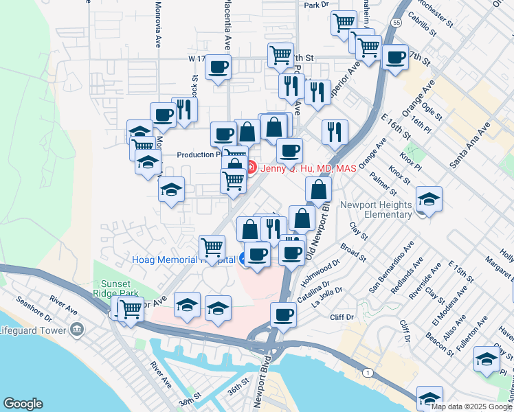 map of restaurants, bars, coffee shops, grocery stores, and more near 4305 Hilaria Way in Newport Beach