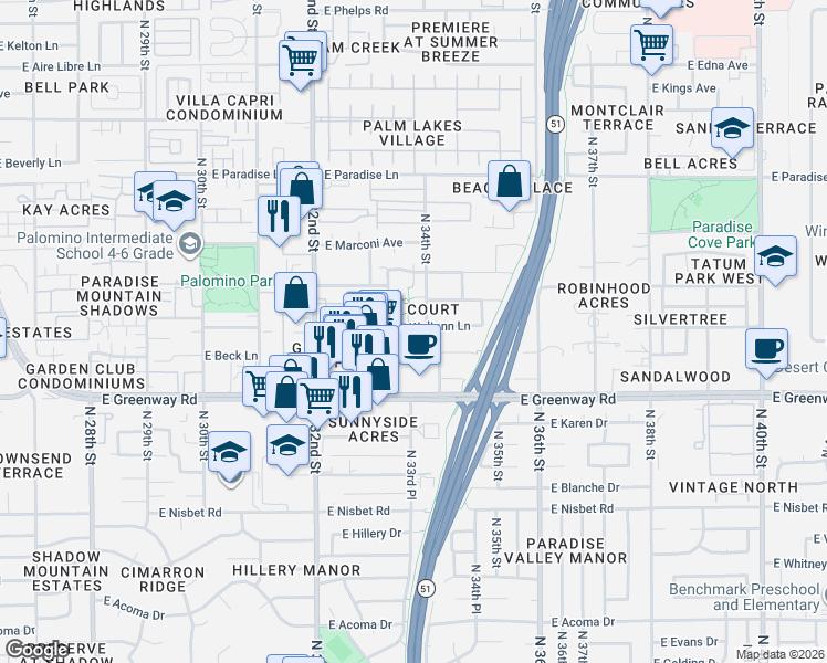 map of restaurants, bars, coffee shops, grocery stores, and more near 3329 East Waltann Lane in Phoenix