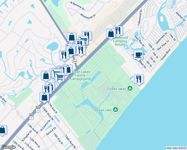 map of restaurants, bars, coffee shops, grocery stores, and more near S-22 West Sand Lapper Drive in Myrtle Beach