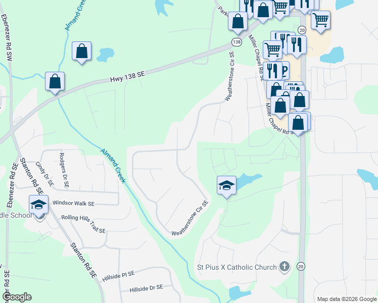 map of restaurants, bars, coffee shops, grocery stores, and more near 2270 Weatherstone Circle Southeast in Conyers